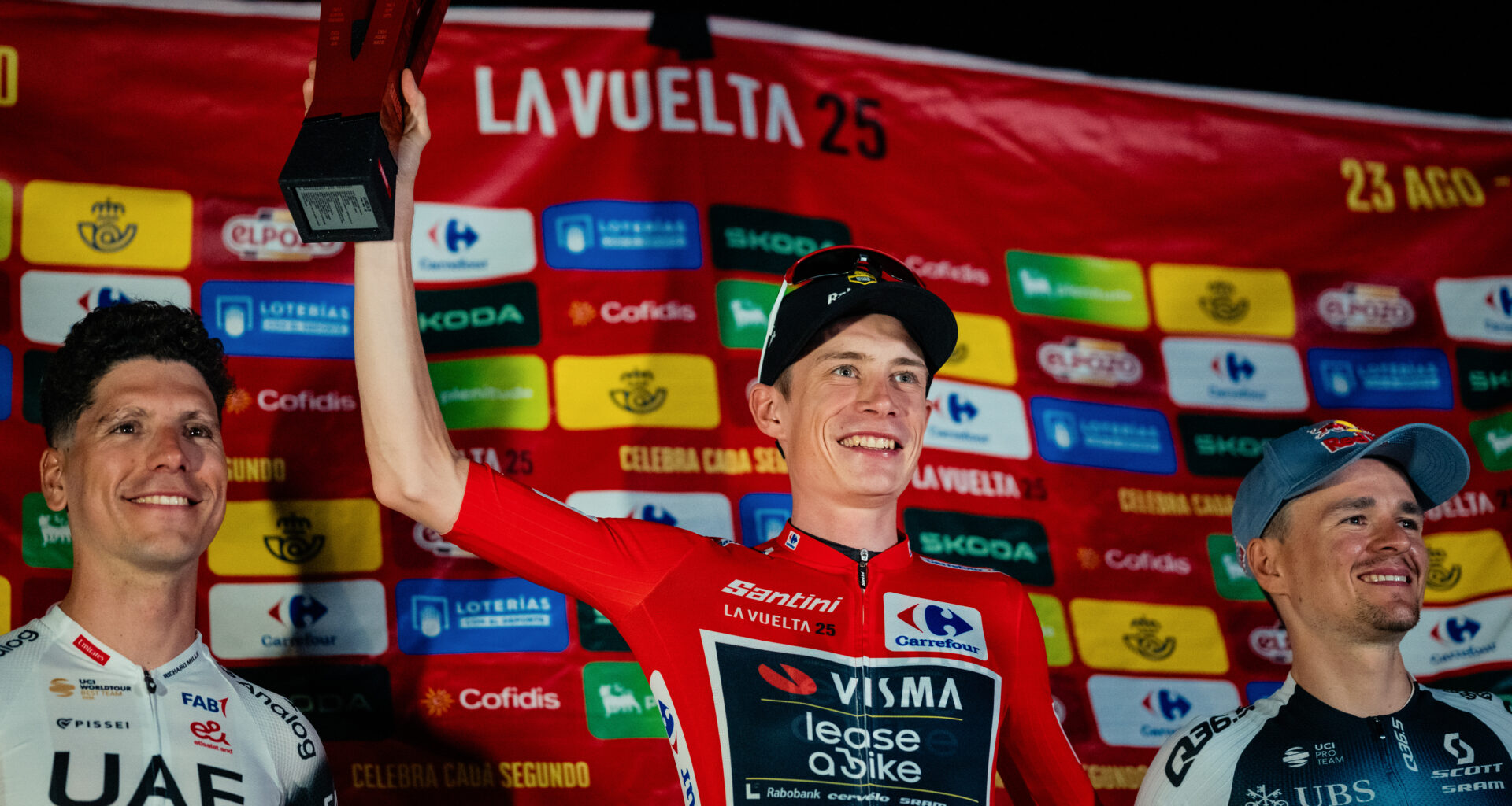 Jonas Vingegaard during the improvised Vuelta podium ceremony