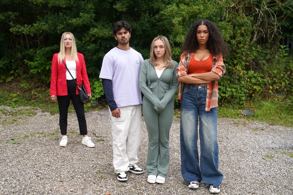 embargo 23092025 clare devine, dillon ray, frankie osborne and vicky grant in hollyoaks