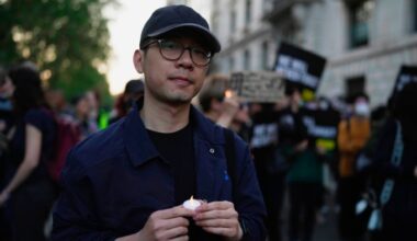 Law attends a candlelight vigil outside the Chinese embassy in London on June 4, 2023, to mark the anniversary of the Tiananmen Square crackdown