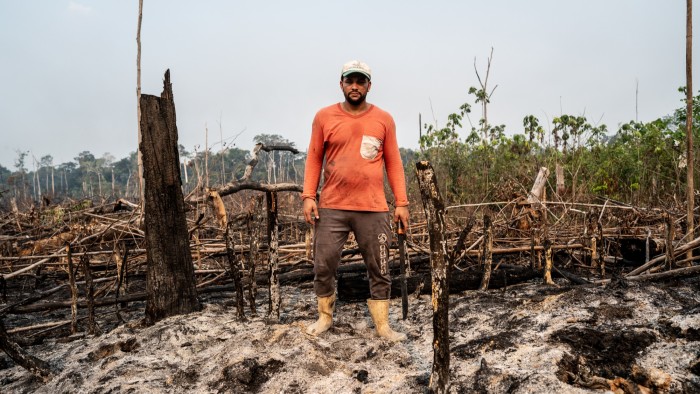 A man standing amid the burned remains of tropical forest