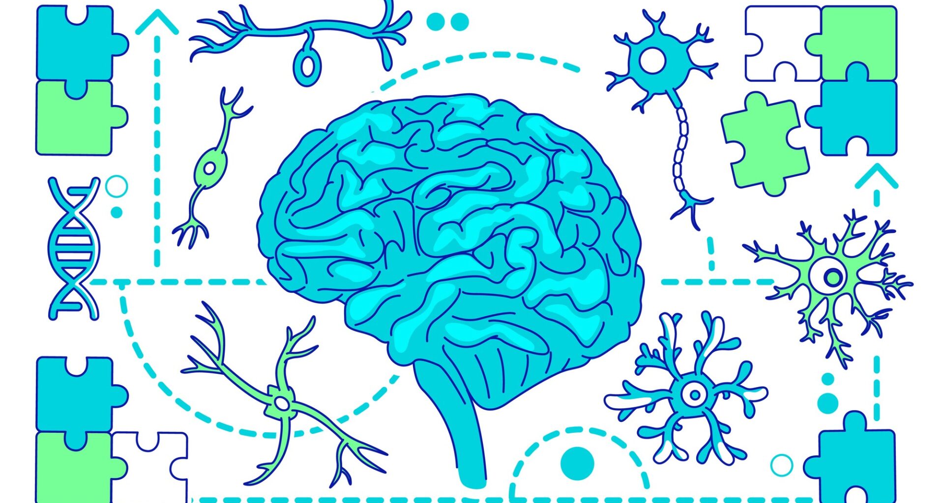 Brain with neurons and puzzle pieces