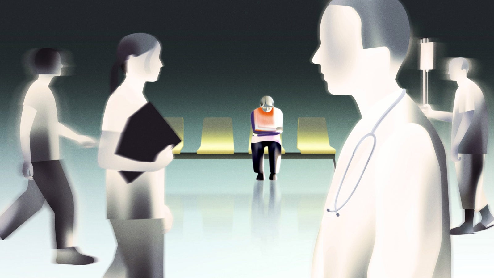 An abstract scene in a waiting area depicting several blurred figures, with a central focus on a lonely older person sitting on a bench, dressed in a colorful top. Surrounding figures include a medical professional in a white coat with a stethoscope, a nurse holding a clipboard, and a patient walking with an IV stand, creating a sense of movement and activity.