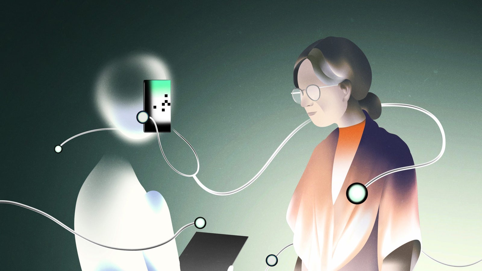 A futuristic scene depicting an ethereal figure with a glowing device connected to a woman wearing glasses, who appears introspective. The background features a gradient of dark green, highlighting the interaction between technology and the woman.