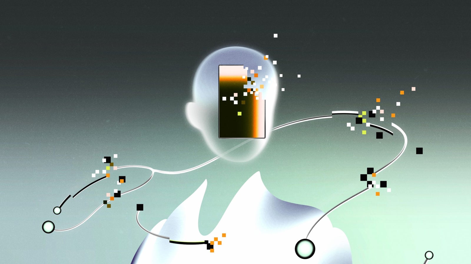 An abstract digital representation of a humanoid figure with a faceless head, featuring a rectangular display emitting pixels and color fragments, surrounded by flowing lines and geometric shapes in a soft gradient background.