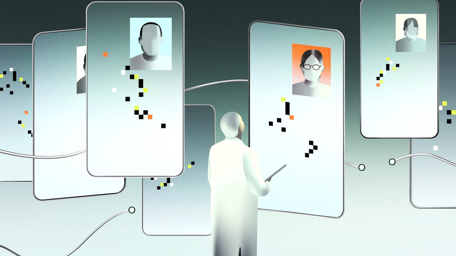 A person in a lab coat stands in front of multiple digital screens displaying abstract portraits of individuals and colorful pixel patterns. The setting has a futuristic, technology-focused aesthetic.