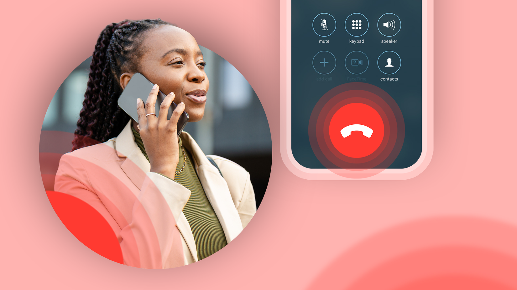 Illustration showing a woman on a phone call and a smartphone screen with the red end call button highlighted.