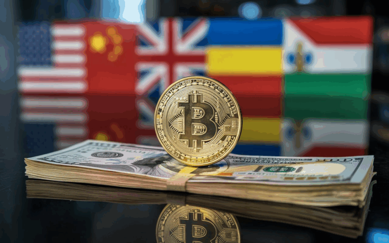 A stack of U.S. dollar bills with a Bitcoin coin standing on top, in front of flags from the United States, China, the United Kingdom, Romania, Moldova, and Hungary. The image represents the global adoption of cryptocurrency and the increasing importance of Bitcoin in international finance.