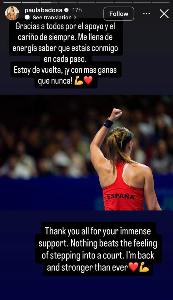 Paula Badosa thanks people for their support in Instagram message after playing at the Billie Jean King Cup Finals.