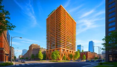 Illustration of a sustainable timber tower in Malmö showcasing innovative architecture without a concrete core.