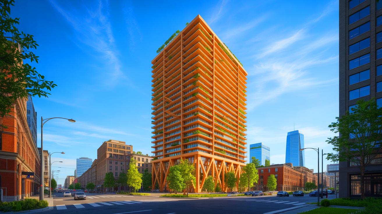 Illustration of a sustainable timber tower in Malmö showcasing innovative architecture without a concrete core.