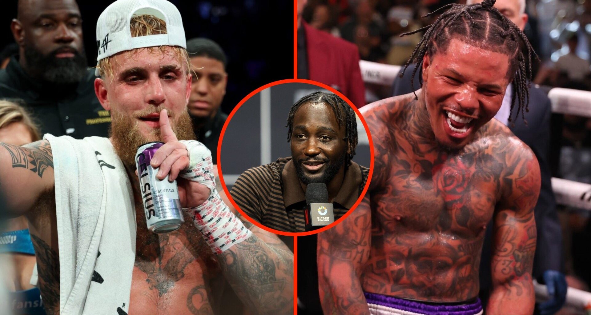 Jake Paul following win over Julio Cesar Chavez Jr split with Gervonta Davis celebrating win over Ryan Garcia with inset of Terence Crawford