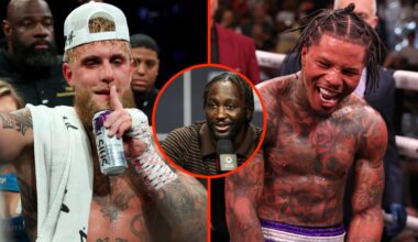 Jake Paul following win over Julio Cesar Chavez Jr split with Gervonta Davis celebrating win over Ryan Garcia with inset of Terence Crawford
