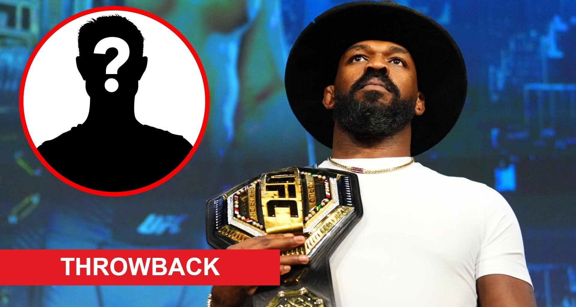 Jon Jones poses onstage at the UFC 309 press conference, inset mystery icon and throwback banner