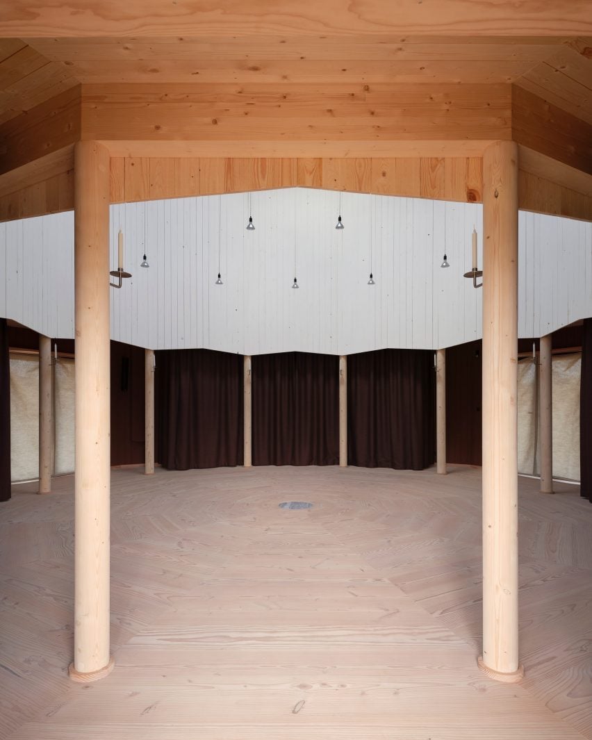 Interior view of timber hall by Julius Nielsen
