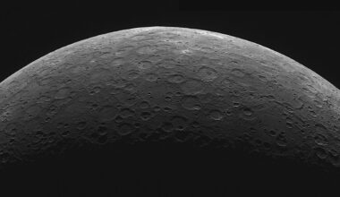 An image showing the upper curve of a barren grey planet against the blackness of space. The lower section of the image is shadowered and many craters can be seen pockmarking the surface.