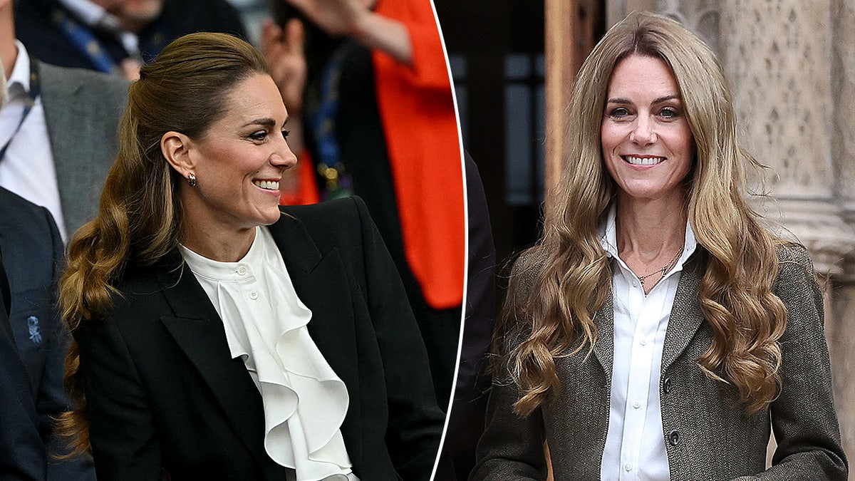 Kate Middleton with darker hair split with her with blonde hair