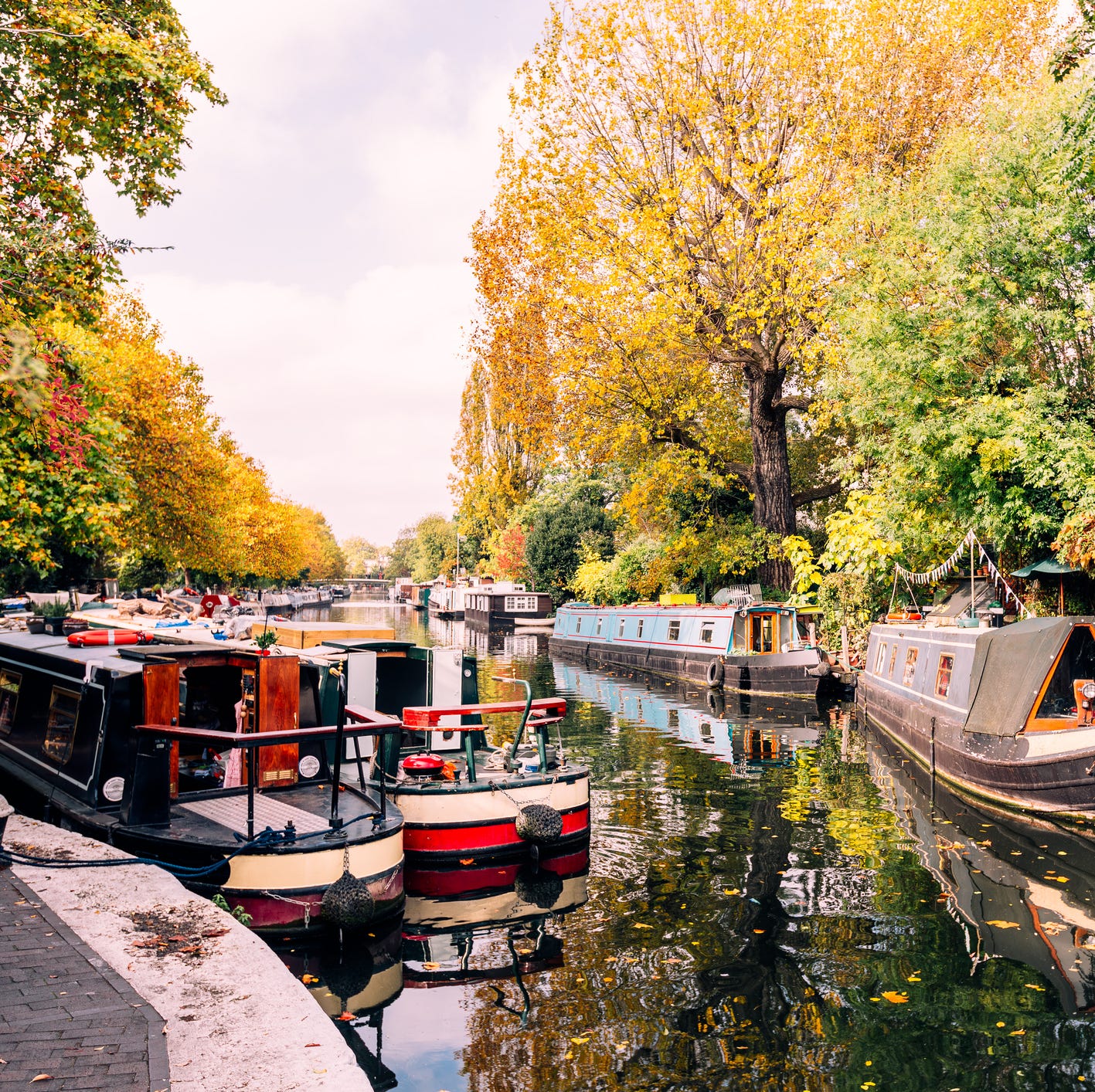 houseboats in little venice neighbourhood in autumn, london, england, uk