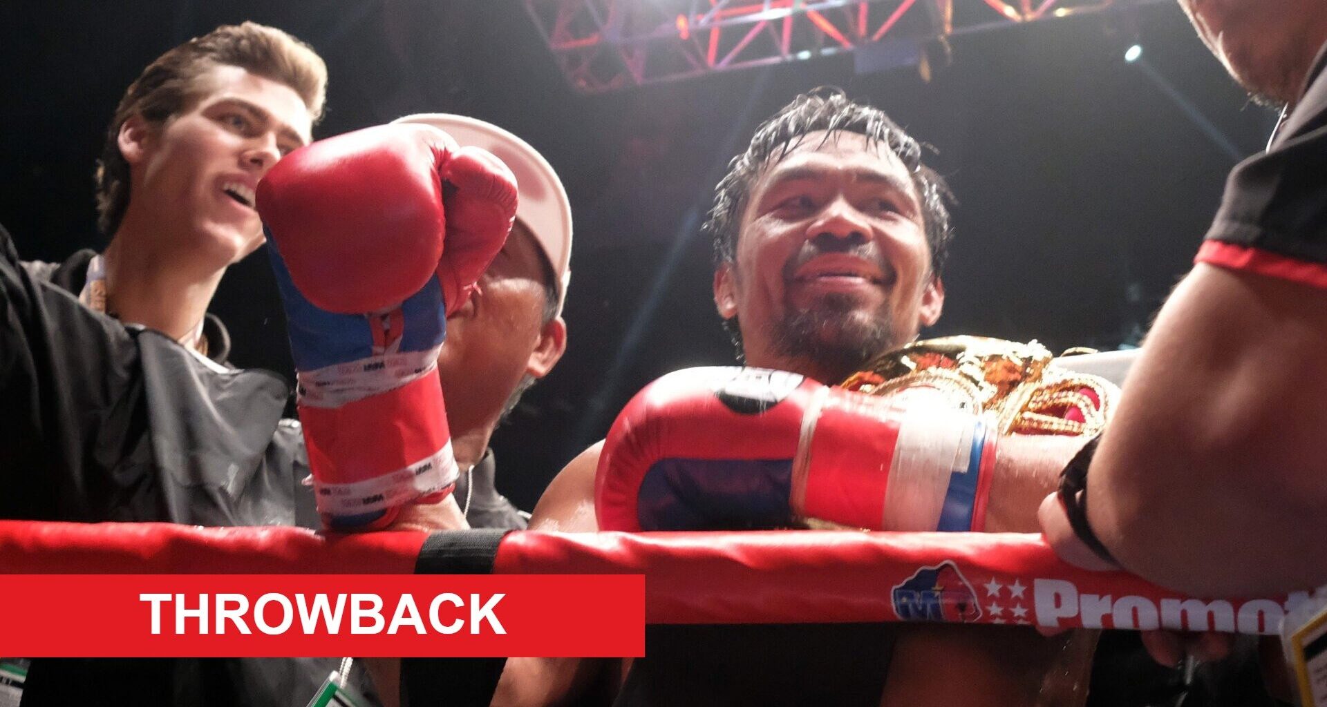 Manny Pacquiao celebrates in the ring after his knockout win over Lucas Matthysee in their WBA welterweight title fight in July, 2018.