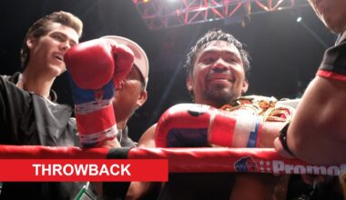 Manny Pacquiao celebrates in the ring after his knockout win over Lucas Matthysee in their WBA welterweight title fight in July, 2018.