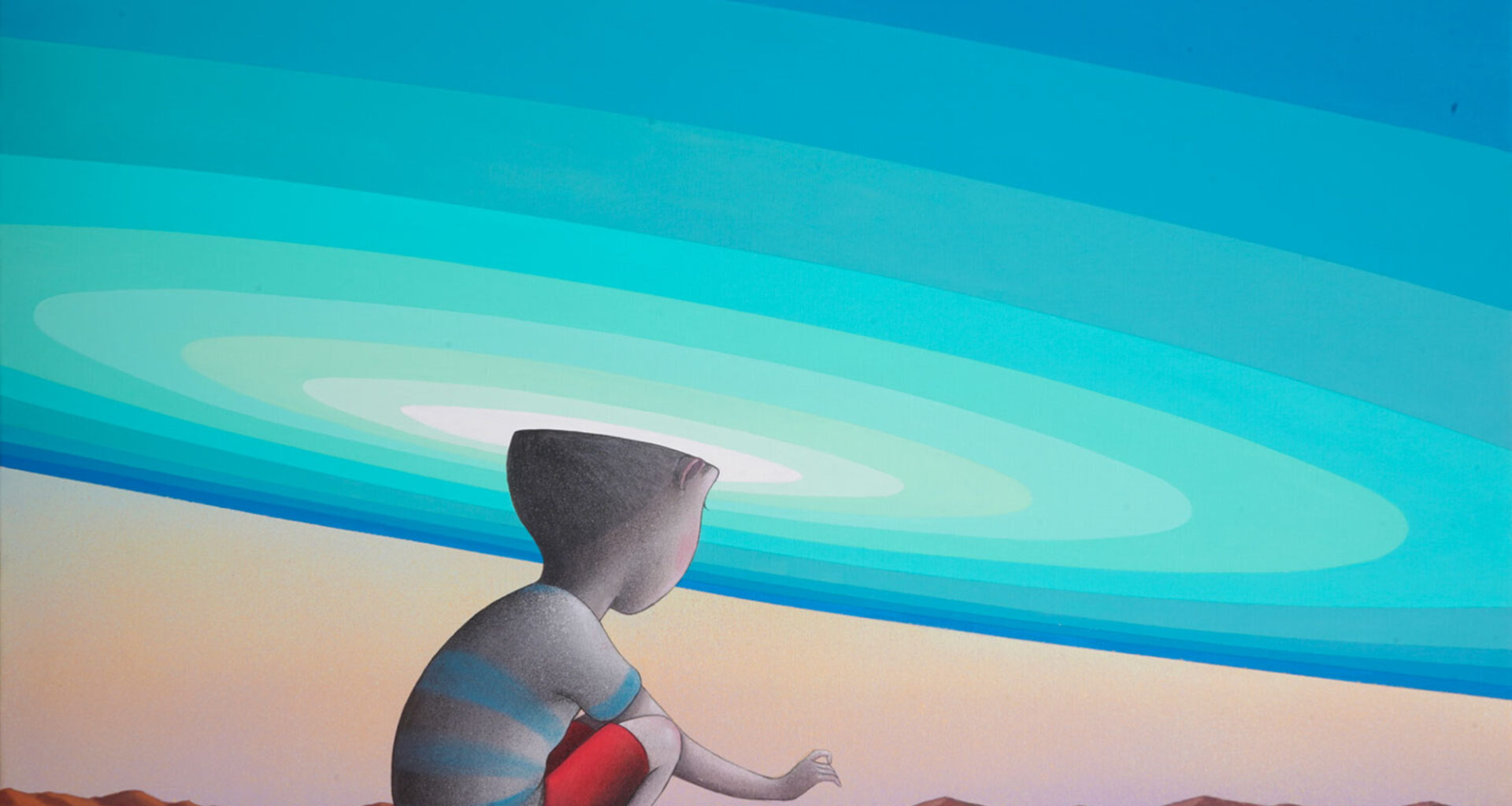 a painting of a child playing with a paper boat in the desert with their head surrounded by a blue halo-like sky, Seth Globepainter