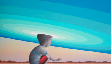 a painting of a child playing with a paper boat in the desert with their head surrounded by a blue halo-like sky, Seth Globepainter