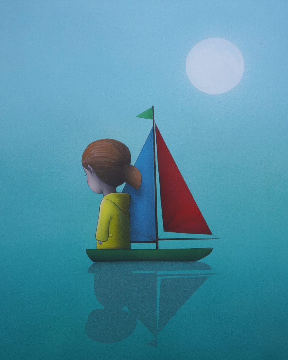 a painting of a child on a sailboat in calm waters, by Seth Globepainter