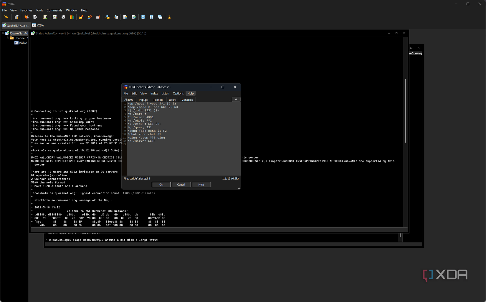 mIRC scripts, the aliases editor