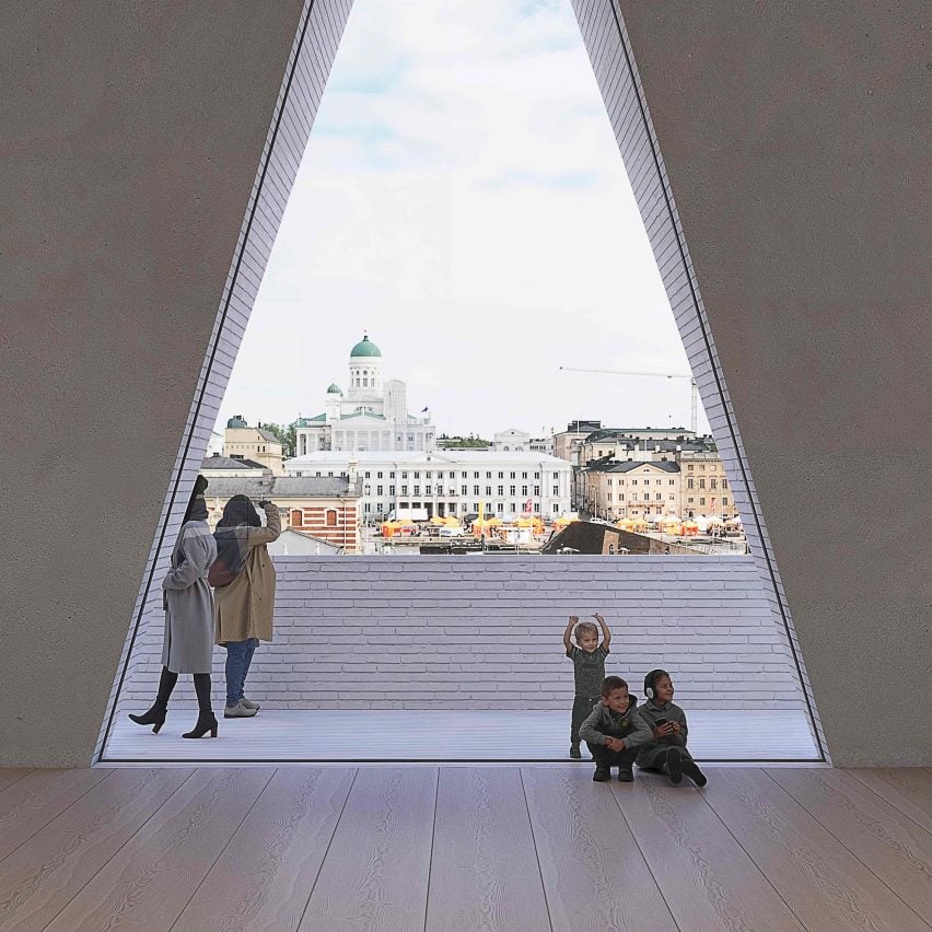 Render of a triangular window overlooking Helsinki