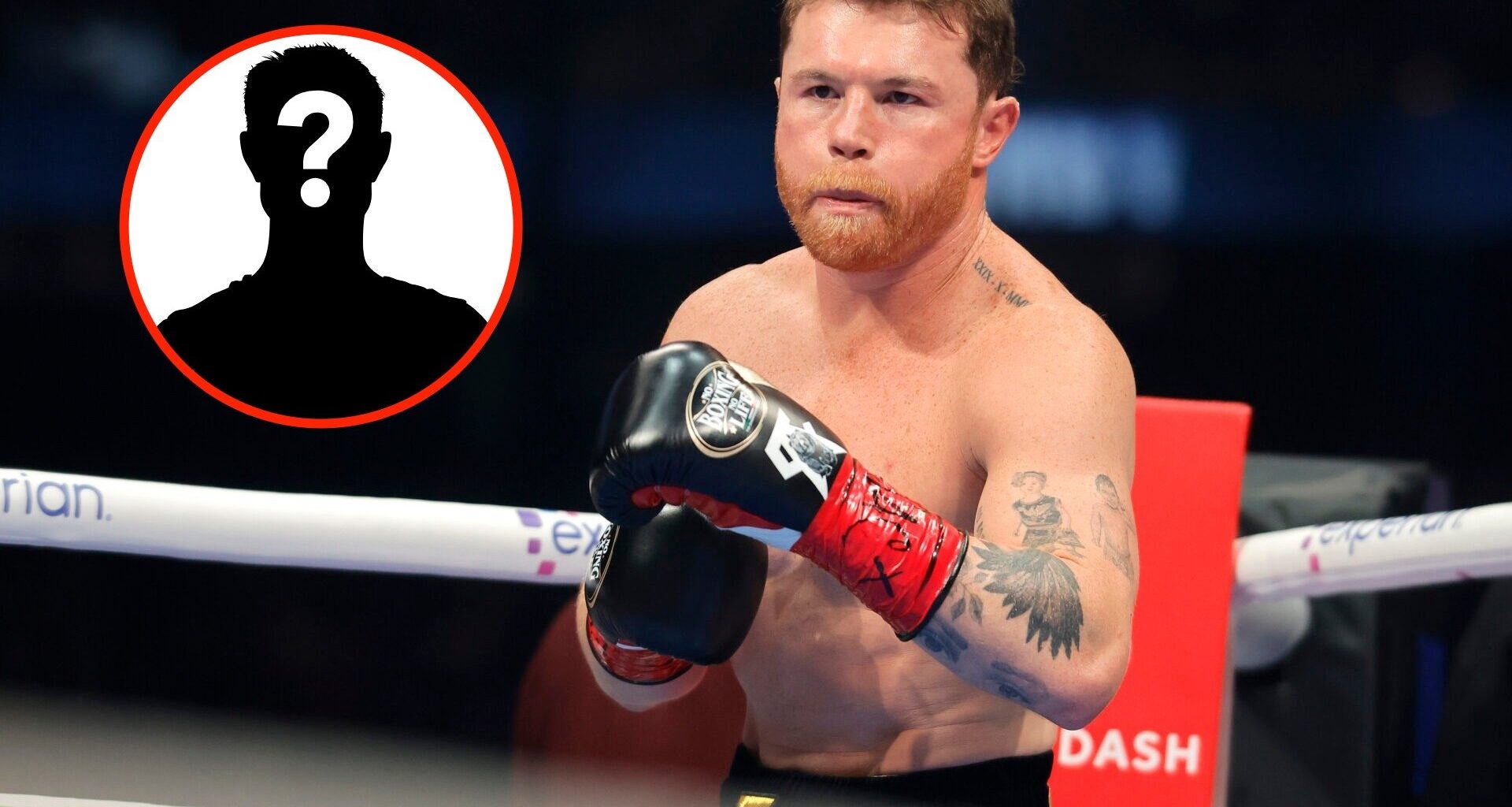 Insert: Mystery Fighter. Center: Canelo Alvarez in the ring ahead of his undisputed super middleweight title fight with Terence Crawford in Septemb...