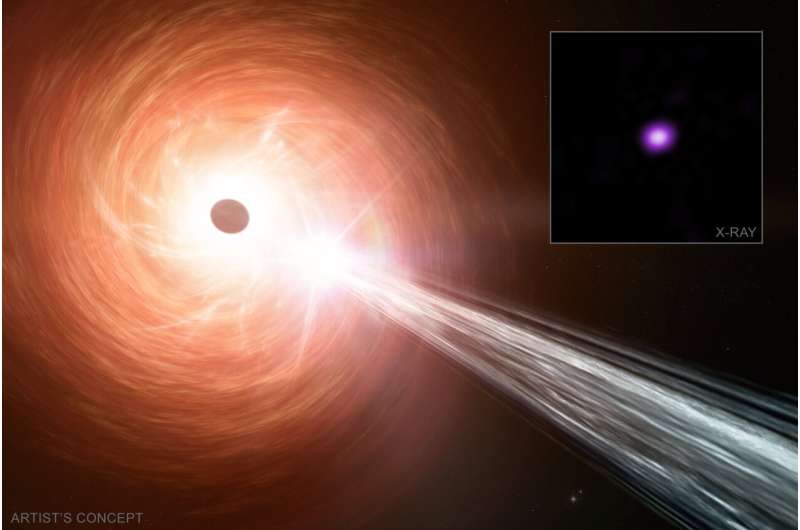 An artist’s concept of a supermassive black hole, a surrounding disk of material falling towards the black hole and a jet containing particles moving away at close to the speed of light. This black hole represents a recently-discovered quasar powered by a black hole. New Chandra observations indicate that the black hole is growing at a rate that exceeds the usual limit for black holes, called the Eddington Limit. Credit: NASA/CXC/SAO/M. WeissX-ray: NASA/CXC/INAF-Brera/L. Ighina et al.; Illustration: NASA/CXC/SAO/M. Weiss; Image Processing: NASA/CXC/SAO/N. Wolk NASA's Chandra finds black hole with tremendous growth