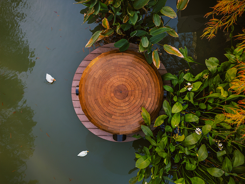 four floating wooden huts shape cheng tsung feng's duck nest installations