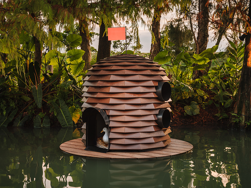 four floating wooden huts shape cheng tsung feng's duck nest installations