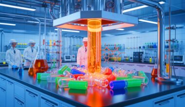 Illustration of a catalyst converting single-use plastics into fuels and waxes.
