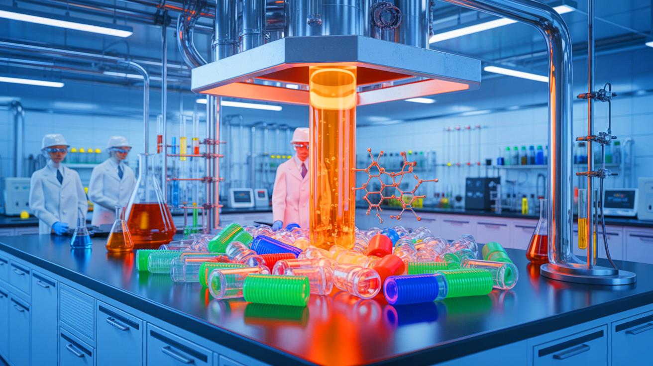 Illustration of a catalyst converting single-use plastics into fuels and waxes.