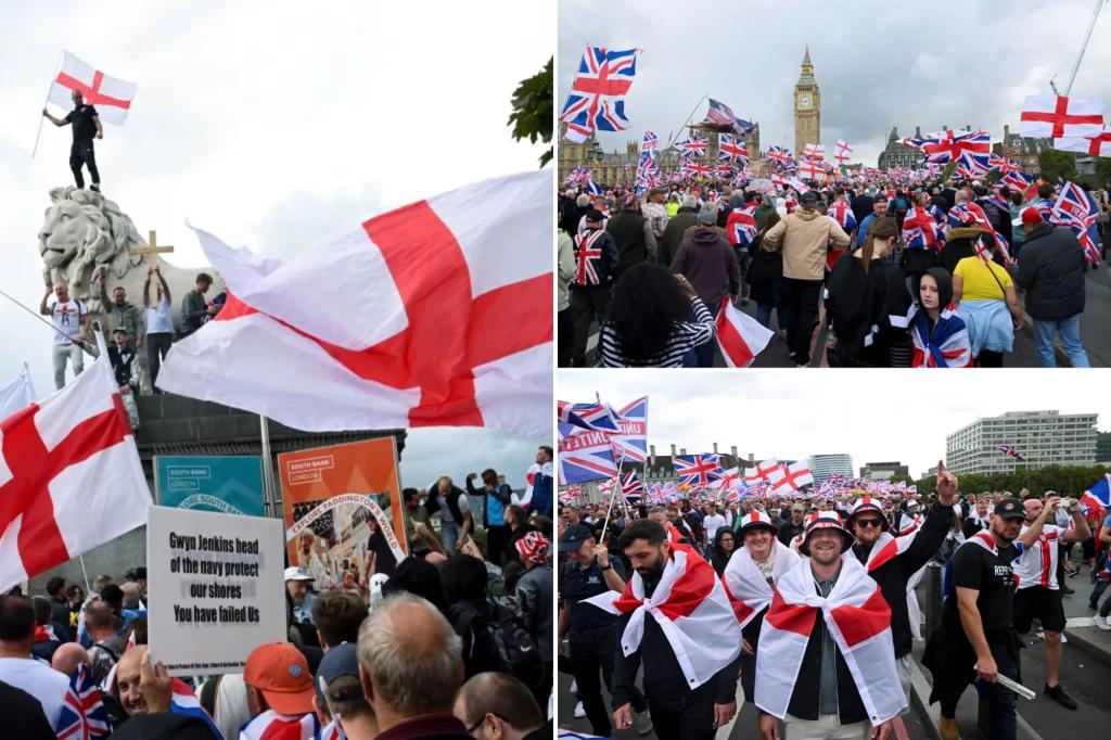Thousands of protesters swarm London for anti-immigration march and counter protest