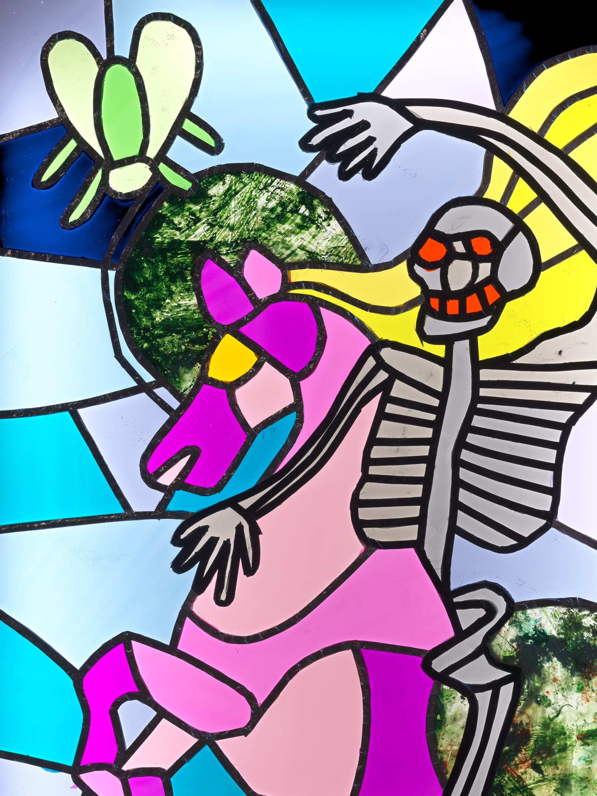 a detail image of a work by Raul de Nieves depicting a skeleton riding a pink horse