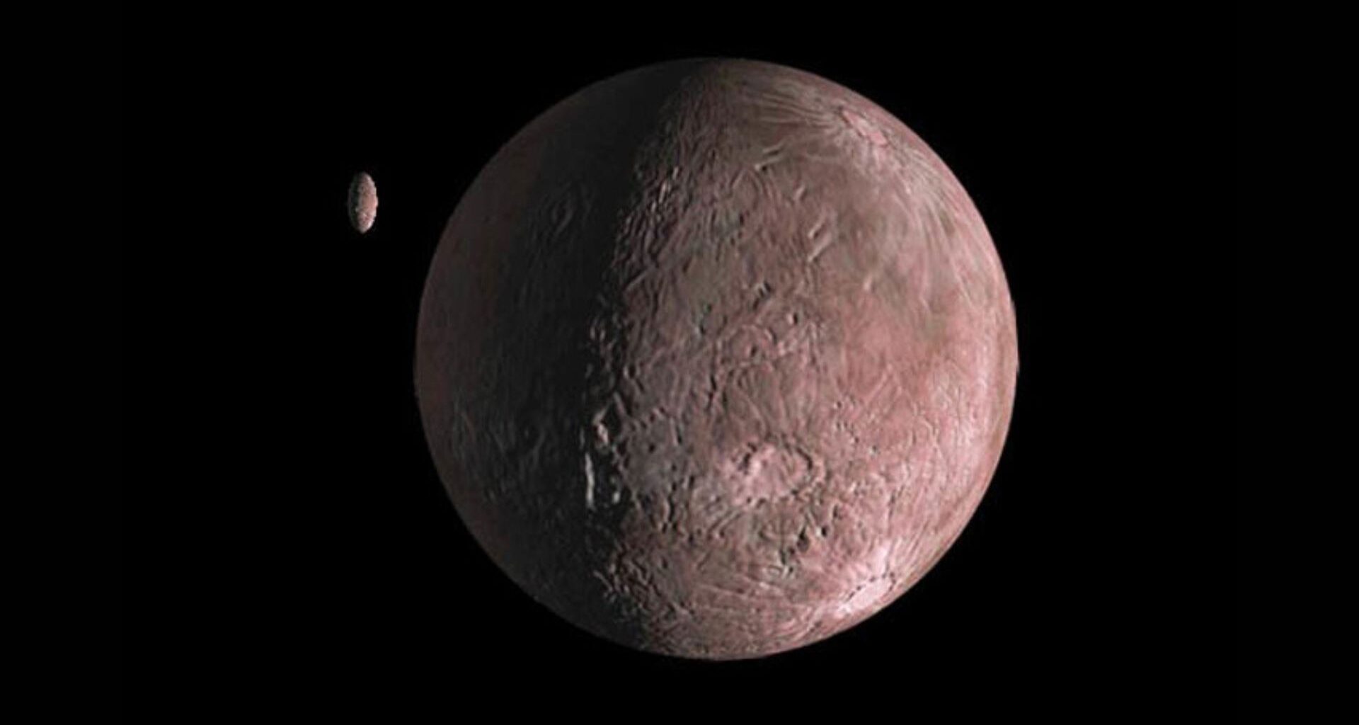 A small reddish rocky planet is seen in the darkness of space with a smaller planet-looking object nearby