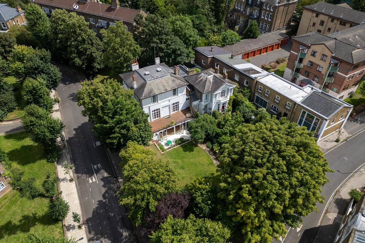A birds eye view of a house in St John's Wood, surrounded by trees