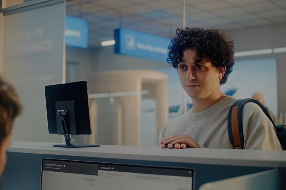 Traveler with a backpack stands at an airport security counter facing a staff member and a digital check-in screen.