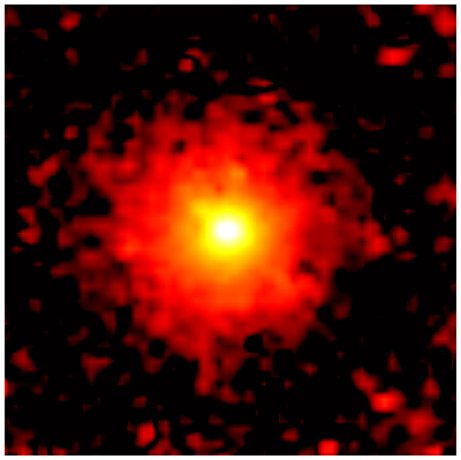 A grainy image of a white light surrounded by yellow and red streaks in front of a dark background