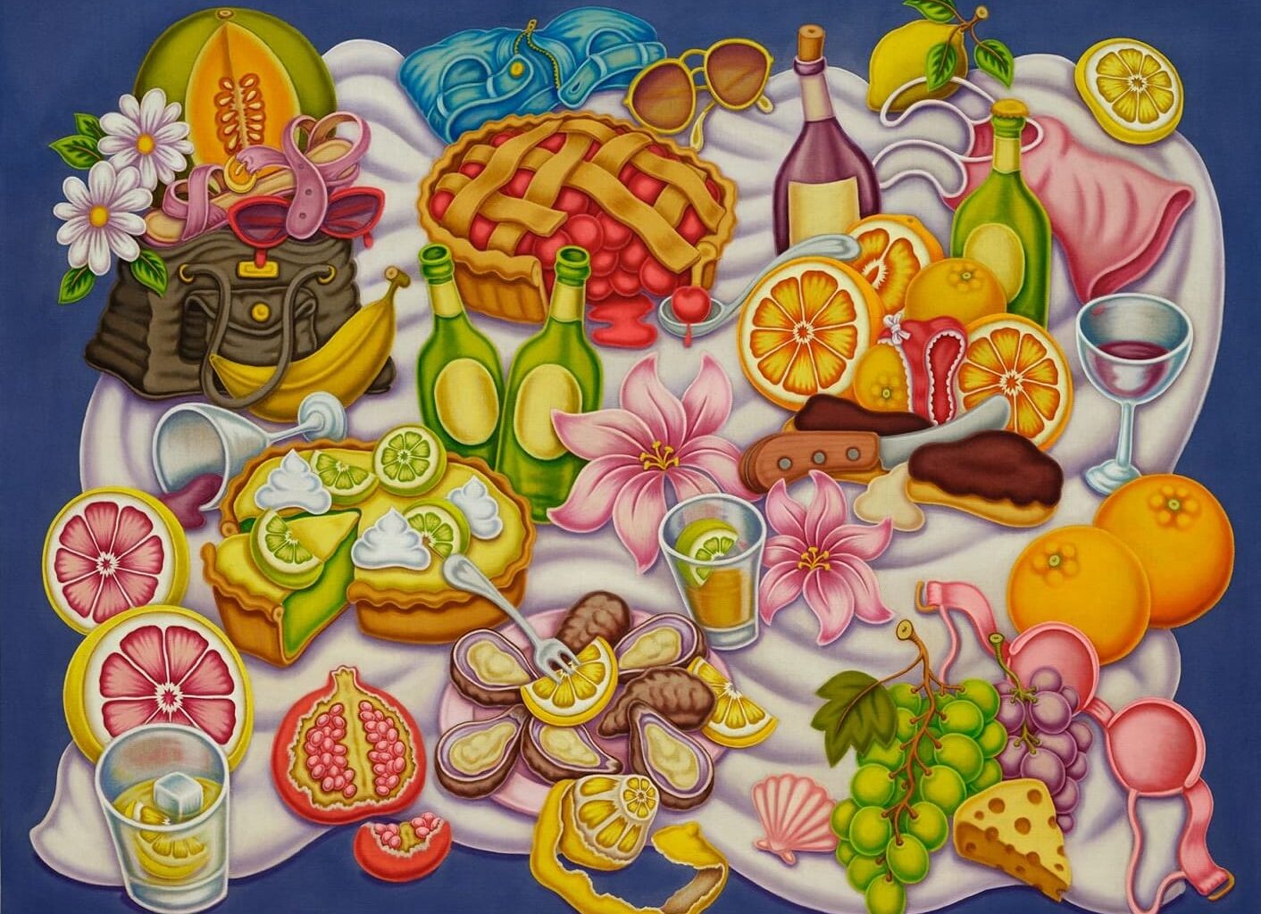 a painting by Pedro Pedro of numerous fruits and treats on a blanket