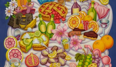 a painting by Pedro Pedro of numerous fruits and treats on a blanket