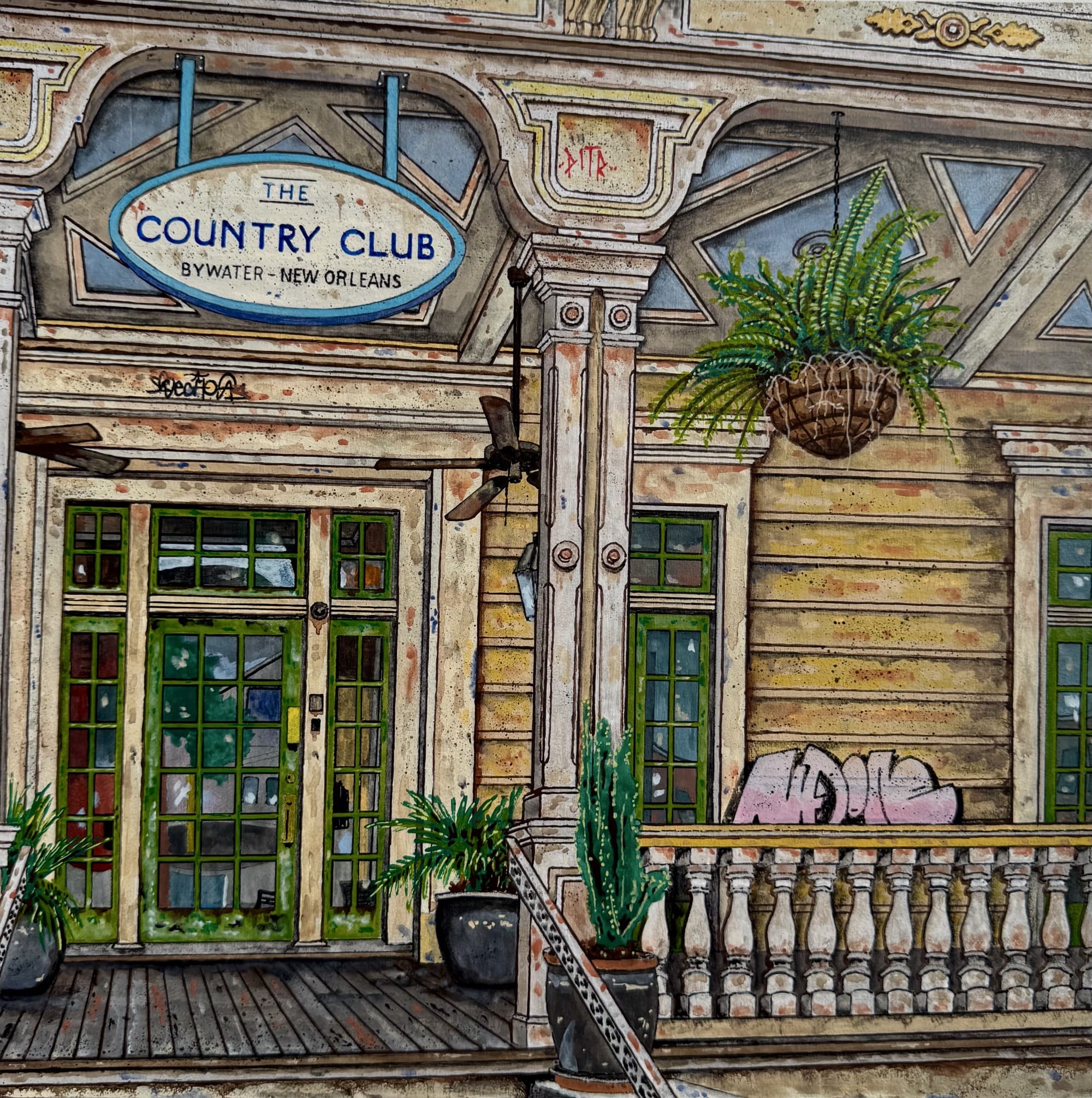 a painting by Pizza in the Rain of a homey business facade with a sign that reads "The Country Club"