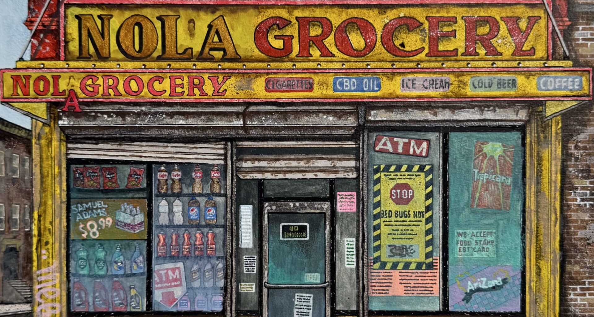a painting by Pizza in the Rain of a retail facade called Nola's Grocery