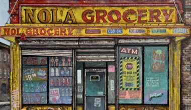 a painting by Pizza in the Rain of a retail facade called Nola's Grocery