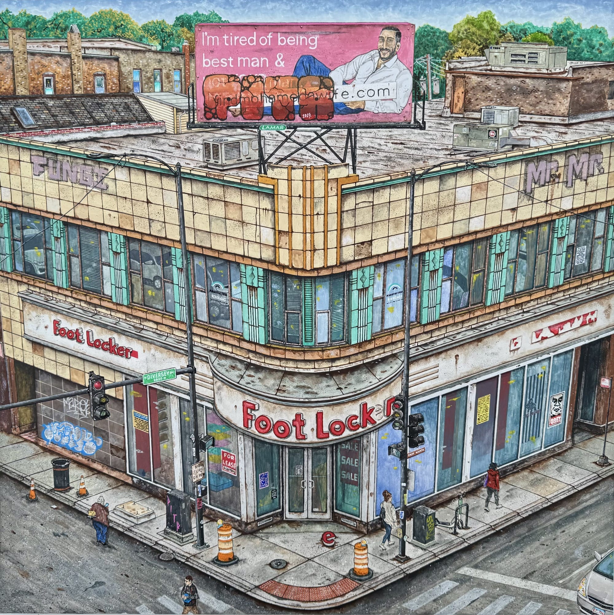 a painting by Pizza in the Rain of a two-story corner store with a Foot Locker sign on it