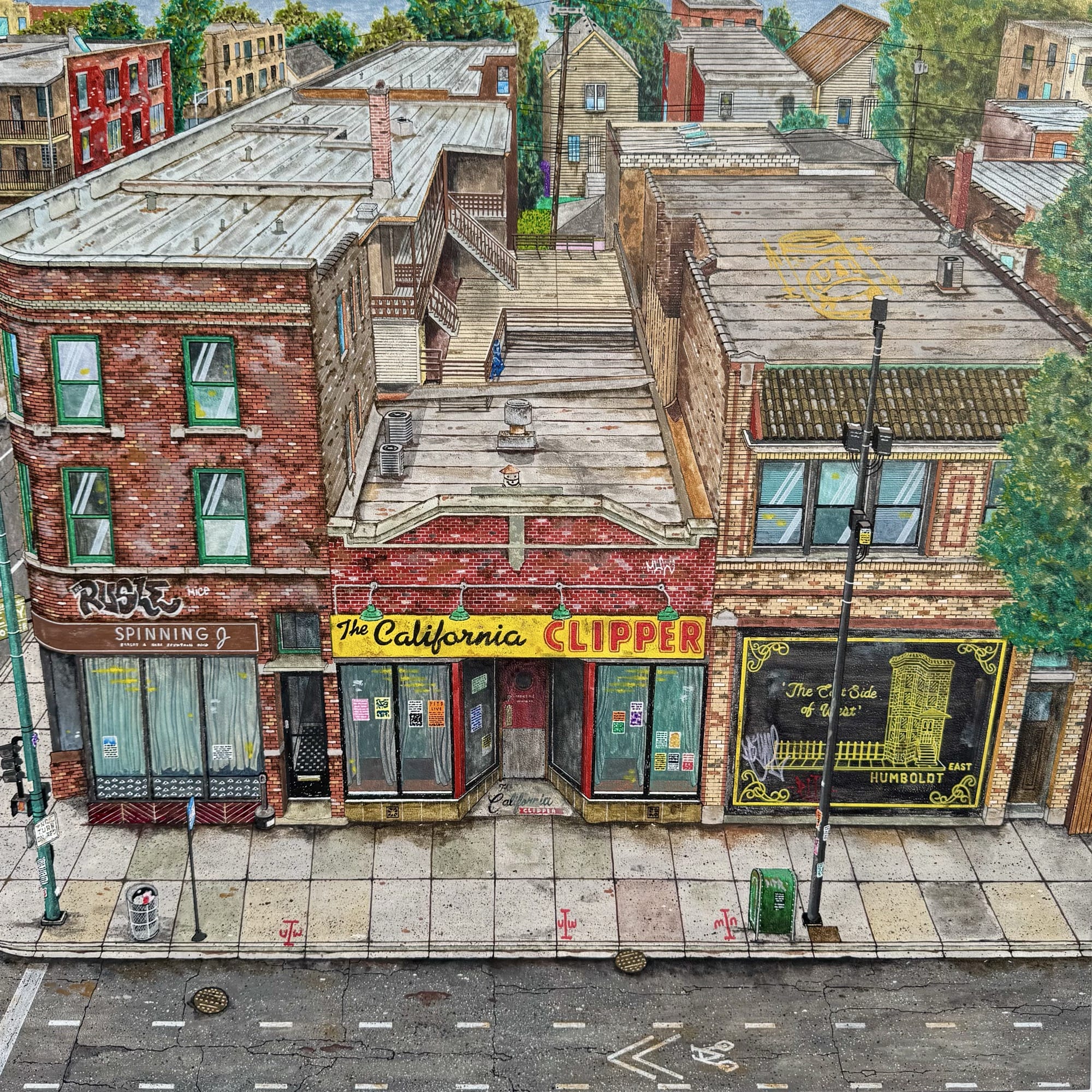 a painting by Pizza in the Rain of an aerial view of a city block, with a retail space in the center called The California Clipper