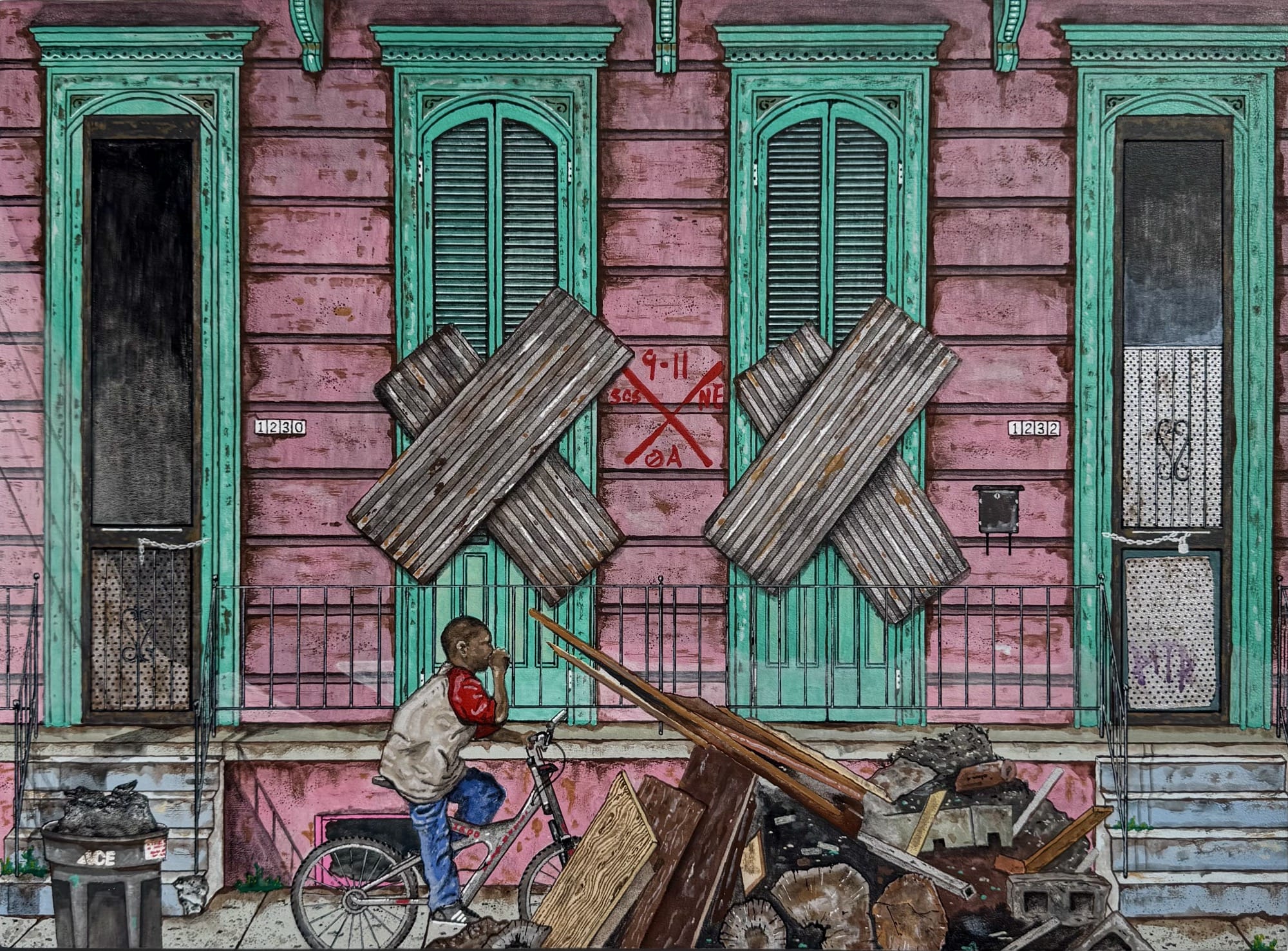 a painting by Pizza in the Rain of a boarded-up pink house in New Orleans with a young Black child riding his bike past on the sidewalk