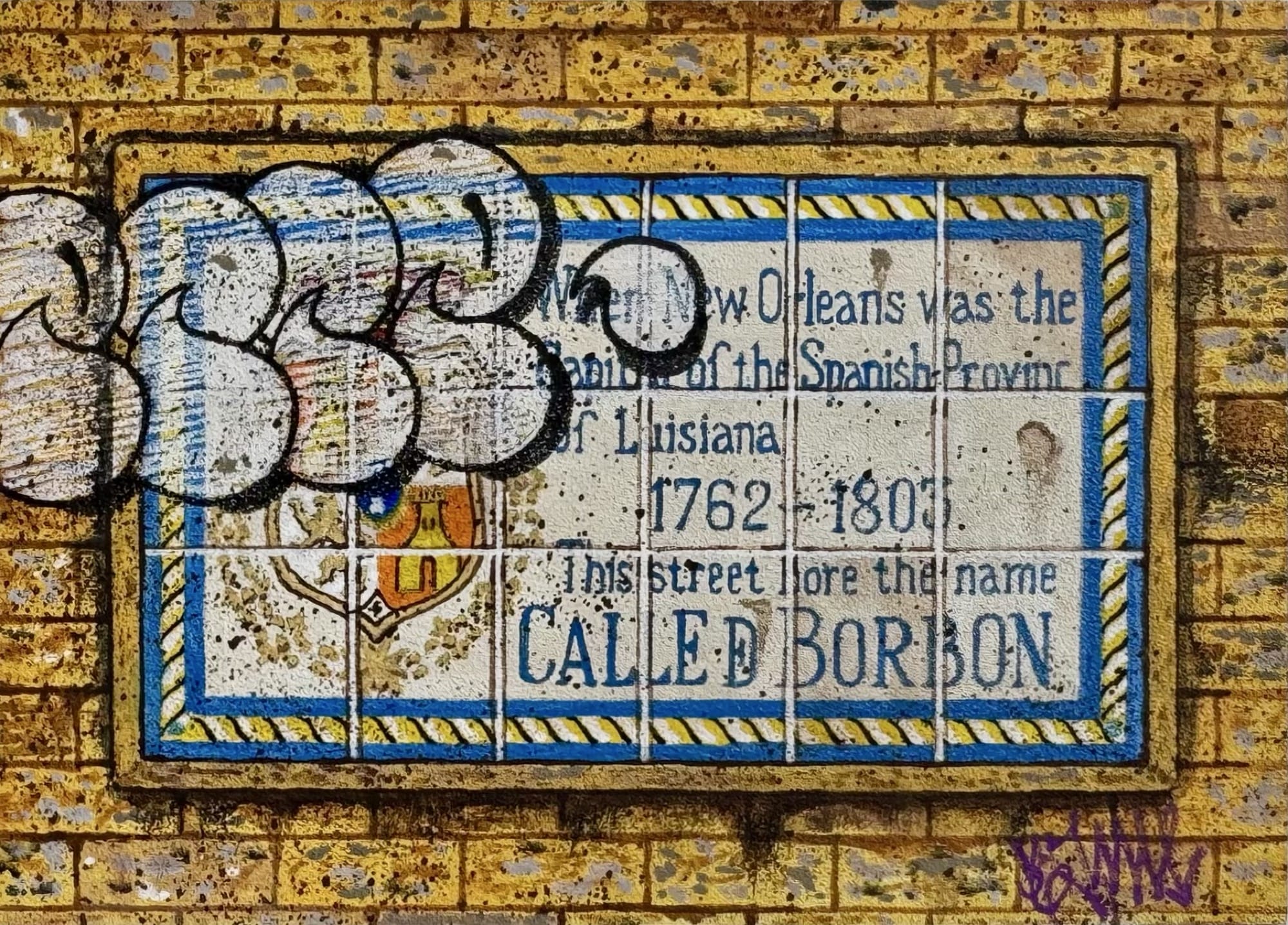 a painting by Pizza in the Rain of a historical plaque in New Orleans with a bit of graffiti on it