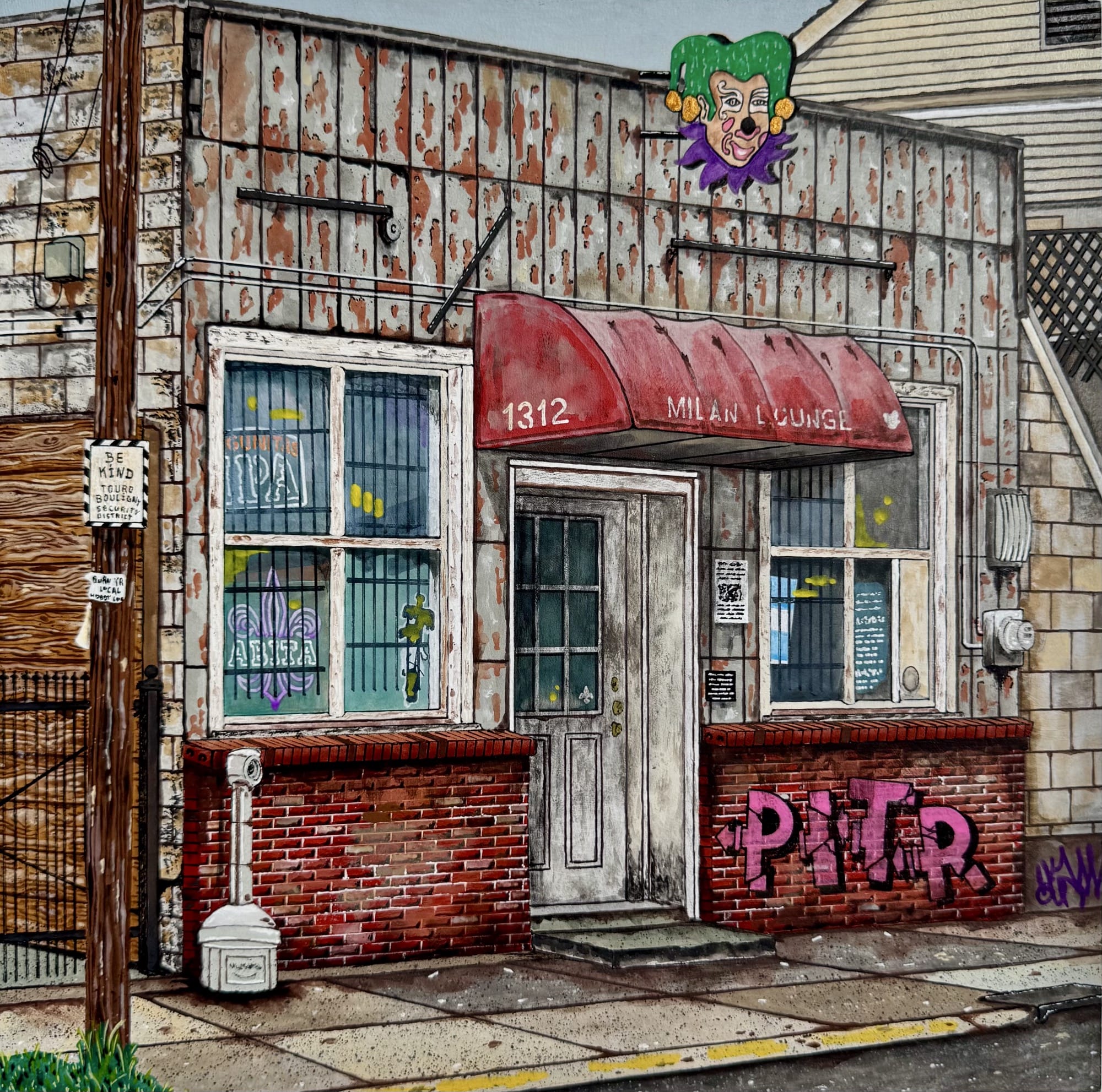 a painting by Pizza in the Rain of a facade of a bar with a faded awning that reads "Milan Lounge"